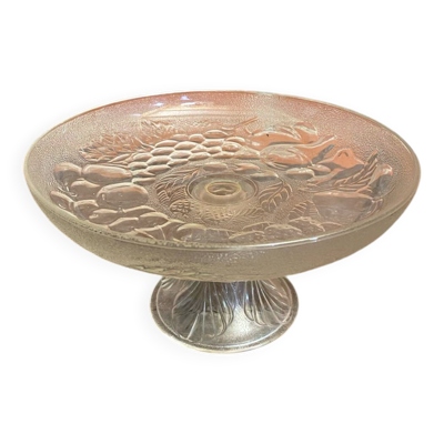 Coupe à Fruits Ancienne Plat En Verre Moulé Décor Fruits Vintage #D657