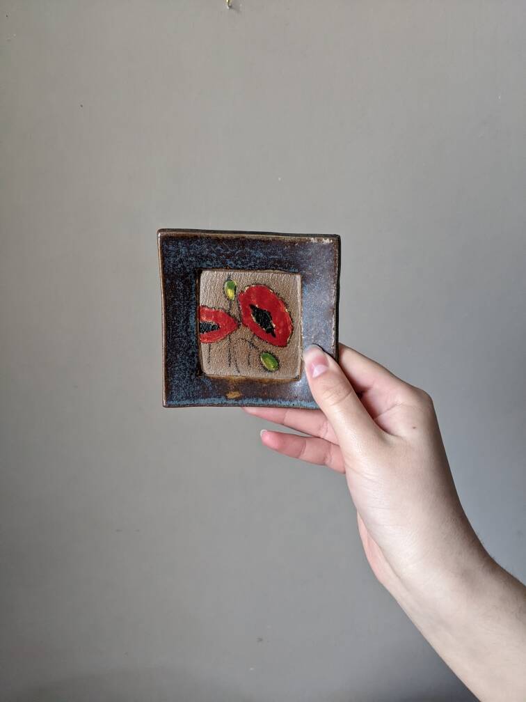 Handmade ceramic wall hanging poppies bohemian country decoration frame