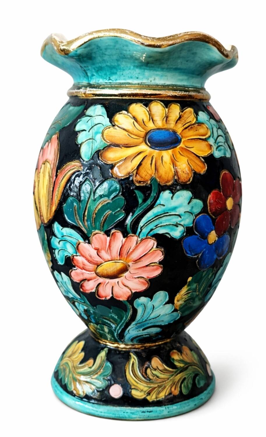 Large Vallauris vase signed JTF = F – 31 cm – polychrome floral decoration