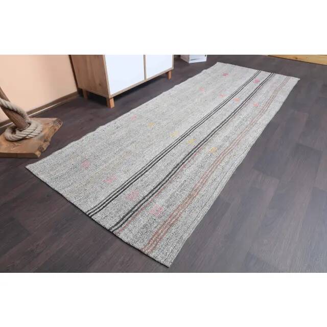 Vintage Turkish Hand-Knotted Wool Cotton Gray Kilim Runner 102x266