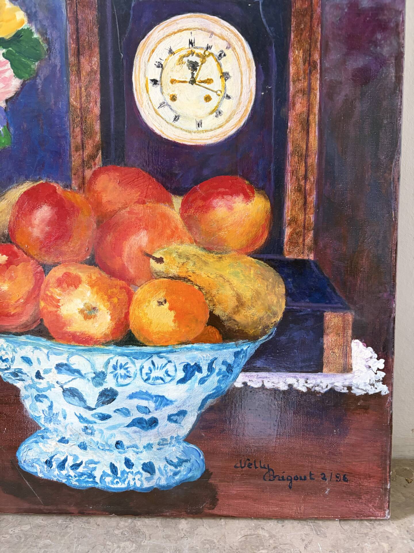 Fleurs champêtres et fruits, nature morte signée 1996