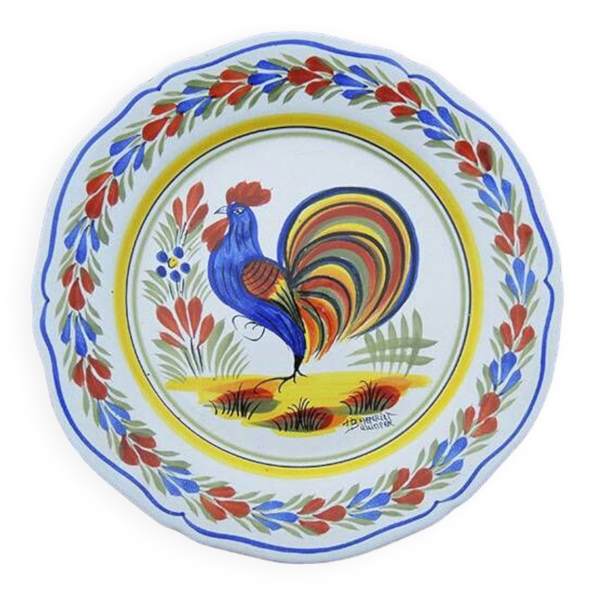 Old Earthenware Rooster Plate - Henriot Quimper