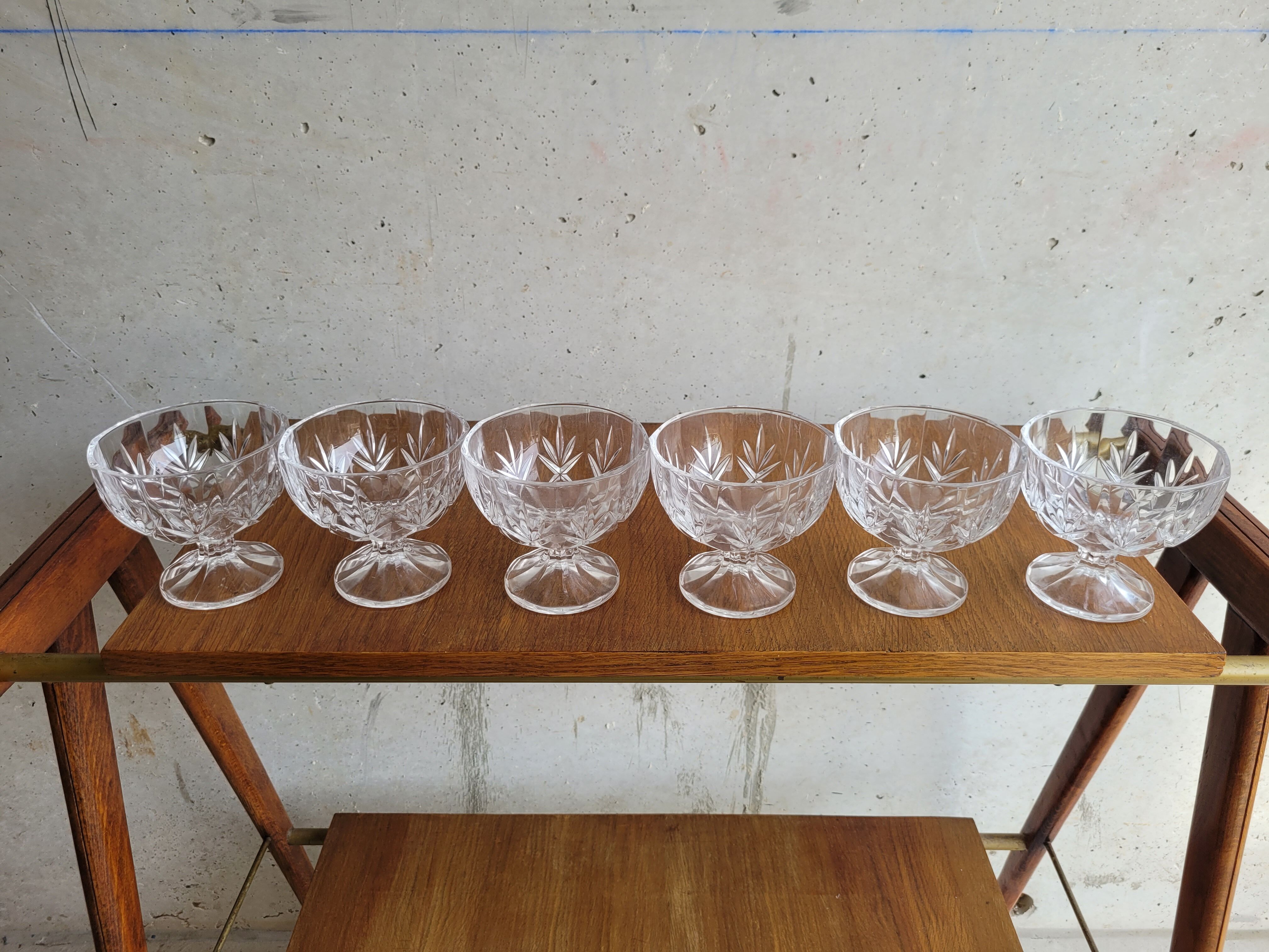 Set of 6 cut glass ice cream cups