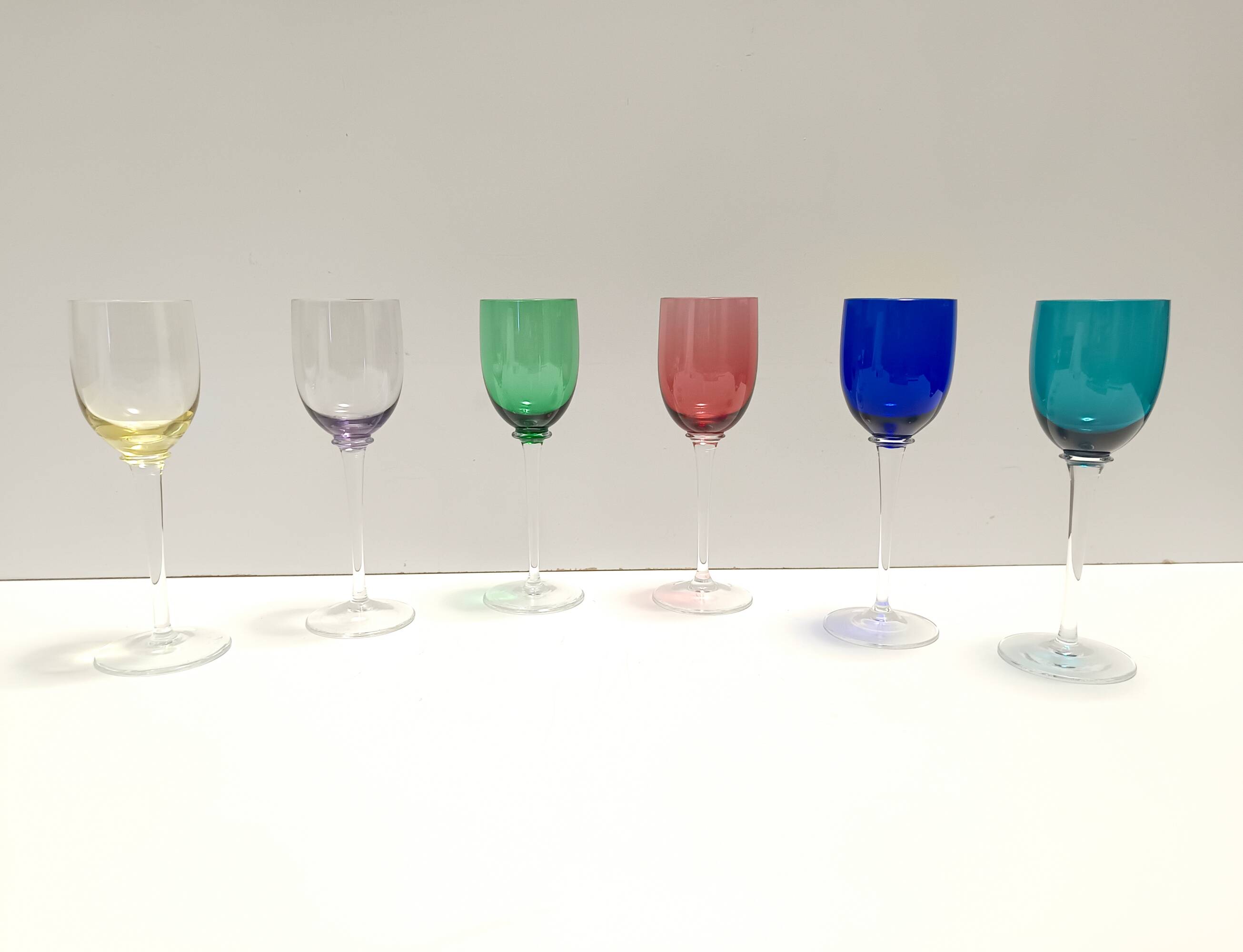 Set of Six Colorful Murano Blown Glass Wine Glasses, Italy 1980s