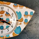 Vintage formica clock silent asymmetrical wall pendulum "Blue flowers"