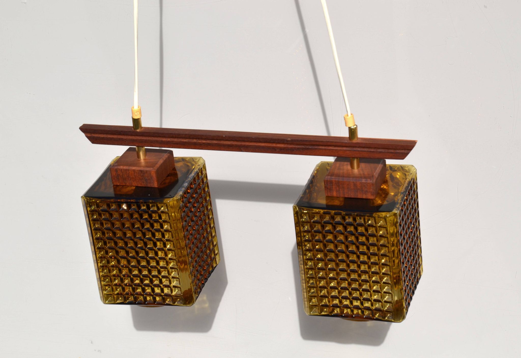 Vintage scandinavian smoked glass and teak dual pendant light by Orrefors, 1960s