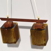 Vintage scandinavian smoked glass and teak dual pendant light by Orrefors, 1960s