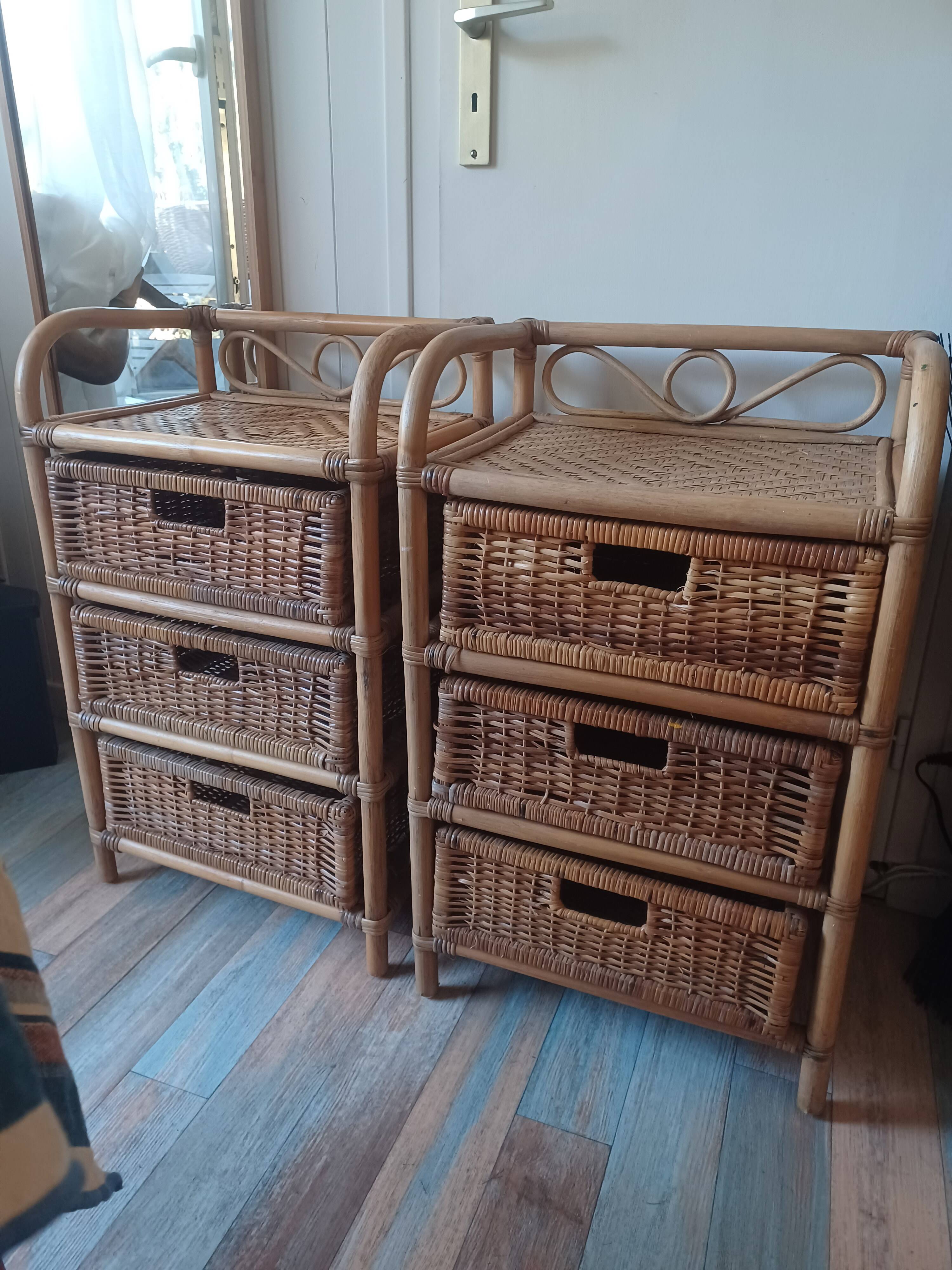 Lot de 2 commodes 3 tiroirs en rotin vintage