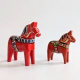 Set of 2 Vintage Swedish Dala Horses in Wood, Hand-Painted Red