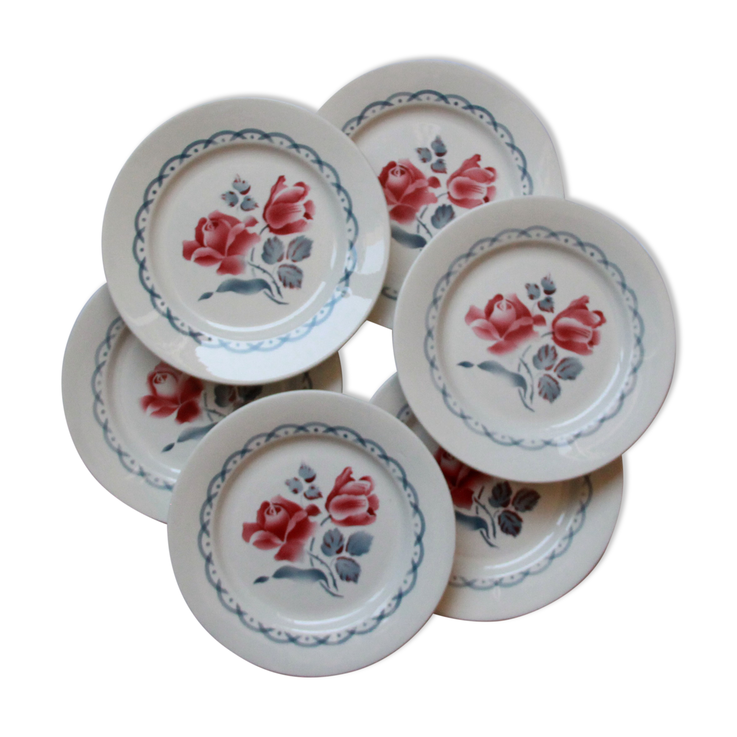 Set of 6 flat plates flowered old French earthenware Digoin Sarreguemines model Cannes
