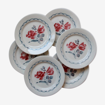 Set of 6 flat plates flowered old French earthenware Digoin Sarreguemines model Cannes