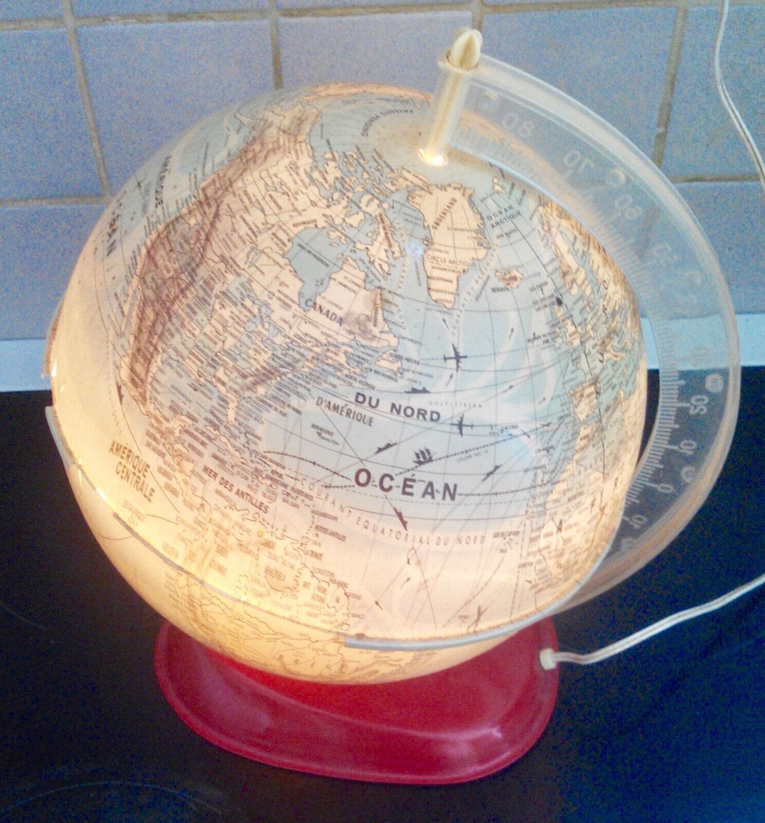 Luminous globe, world map old glass light design tTride vintage 1950