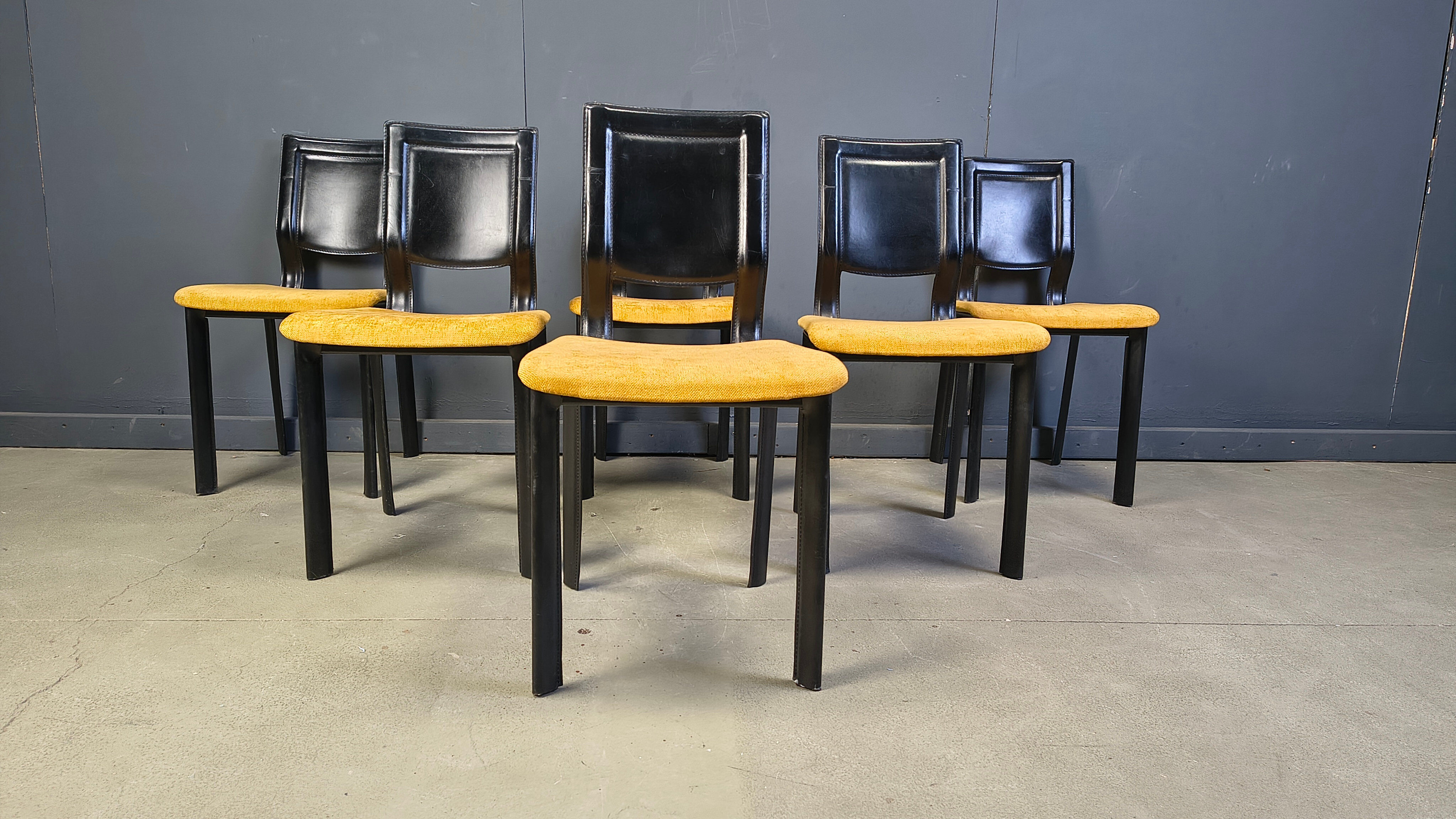 Vintage black leather and yellow fabric dining chairs, set of 6, 1980s