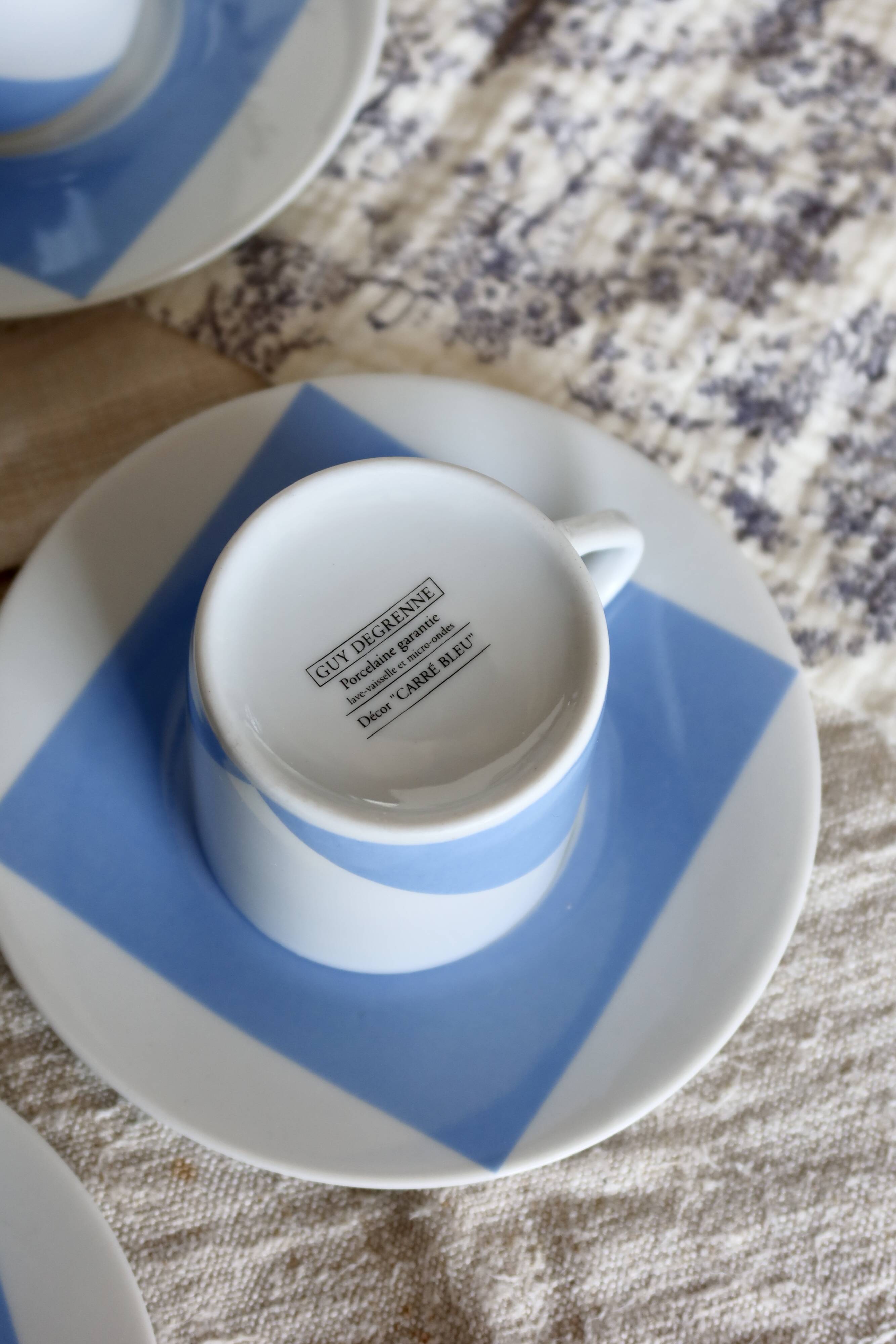 Vintage Guy Degrenne porcelain coffee set with "Carré bleu" decor