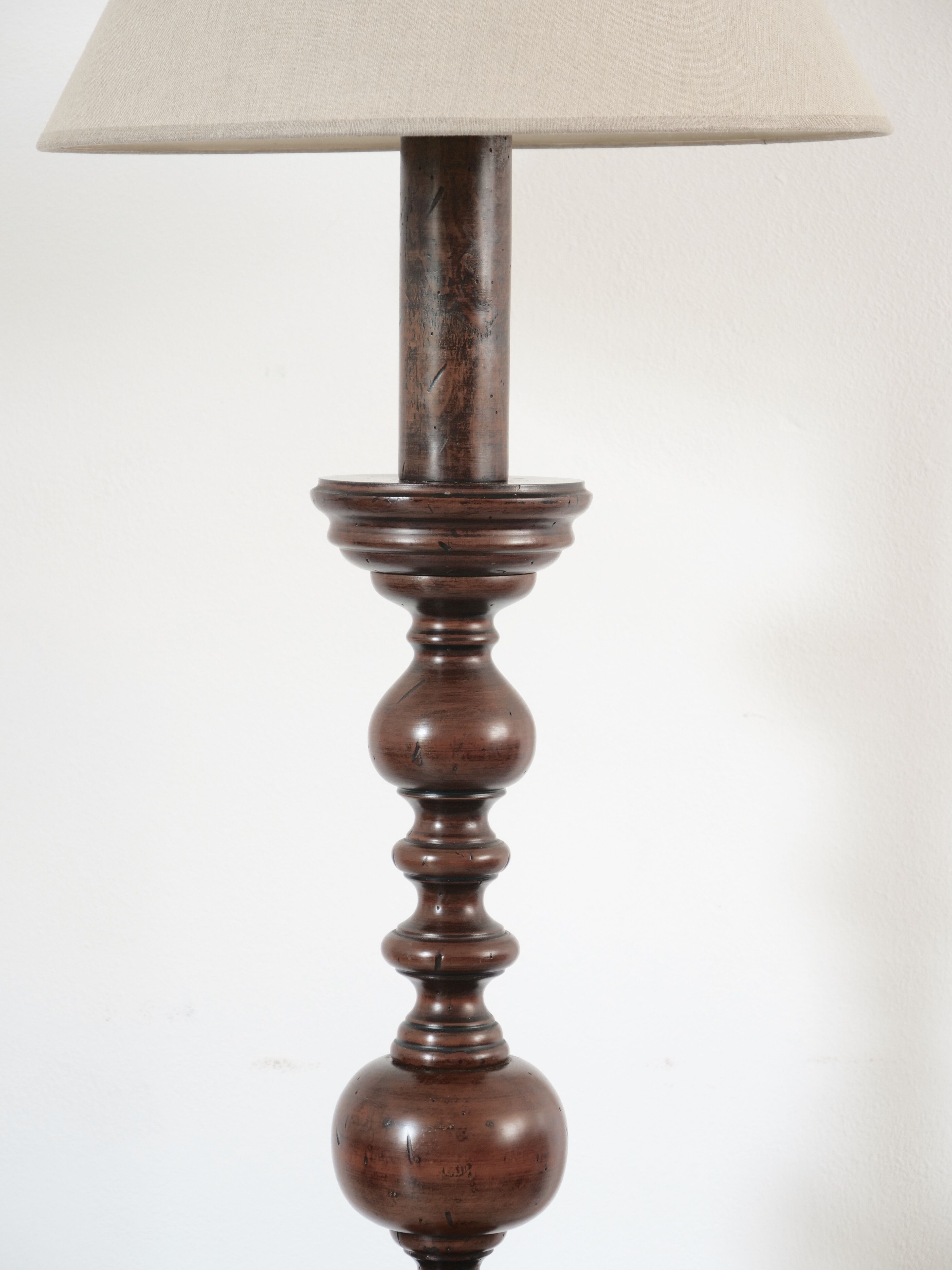 Turned wooden floor lamp