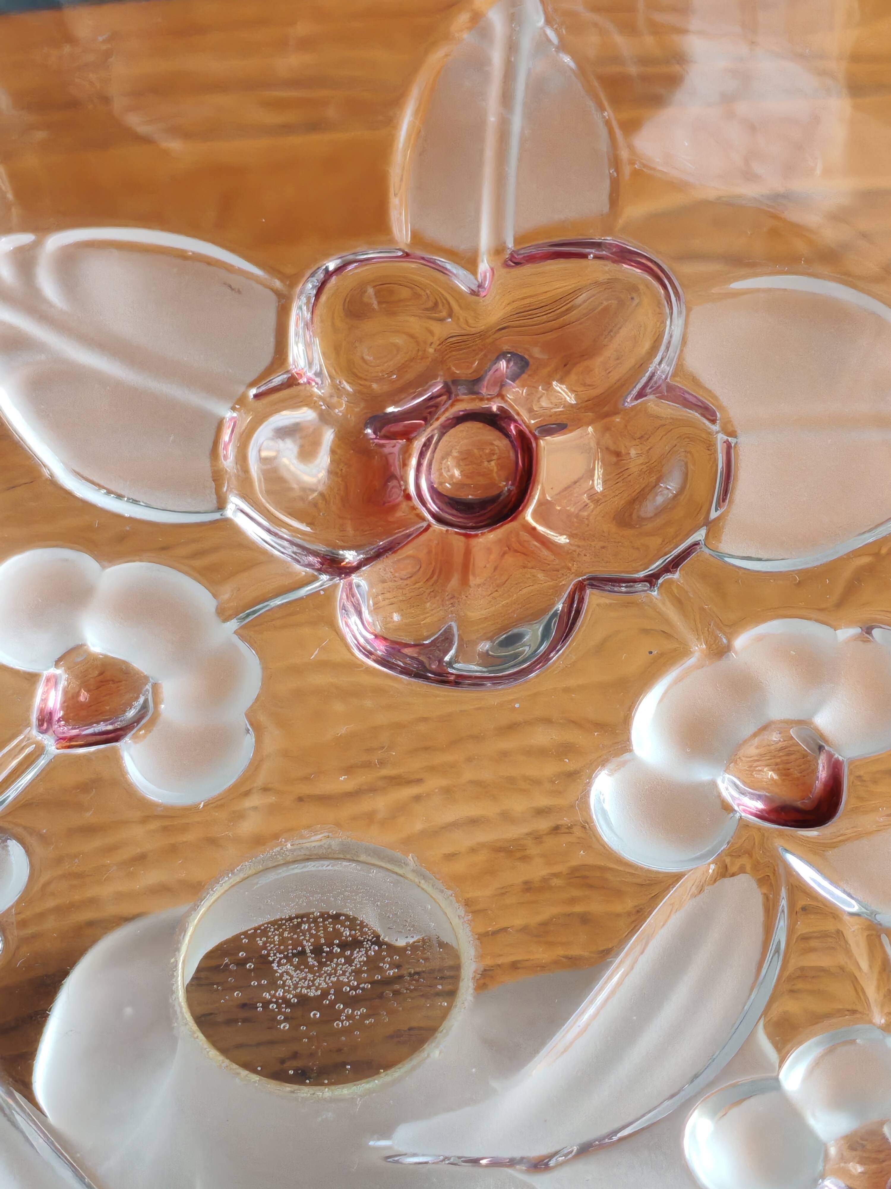 Vintage Frosted Glass Footed Bowl – Relief Decor of Pink Flowers
