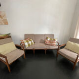 Vintage Scandinavian teak lounge — 3-seater sofa and two armchairs.