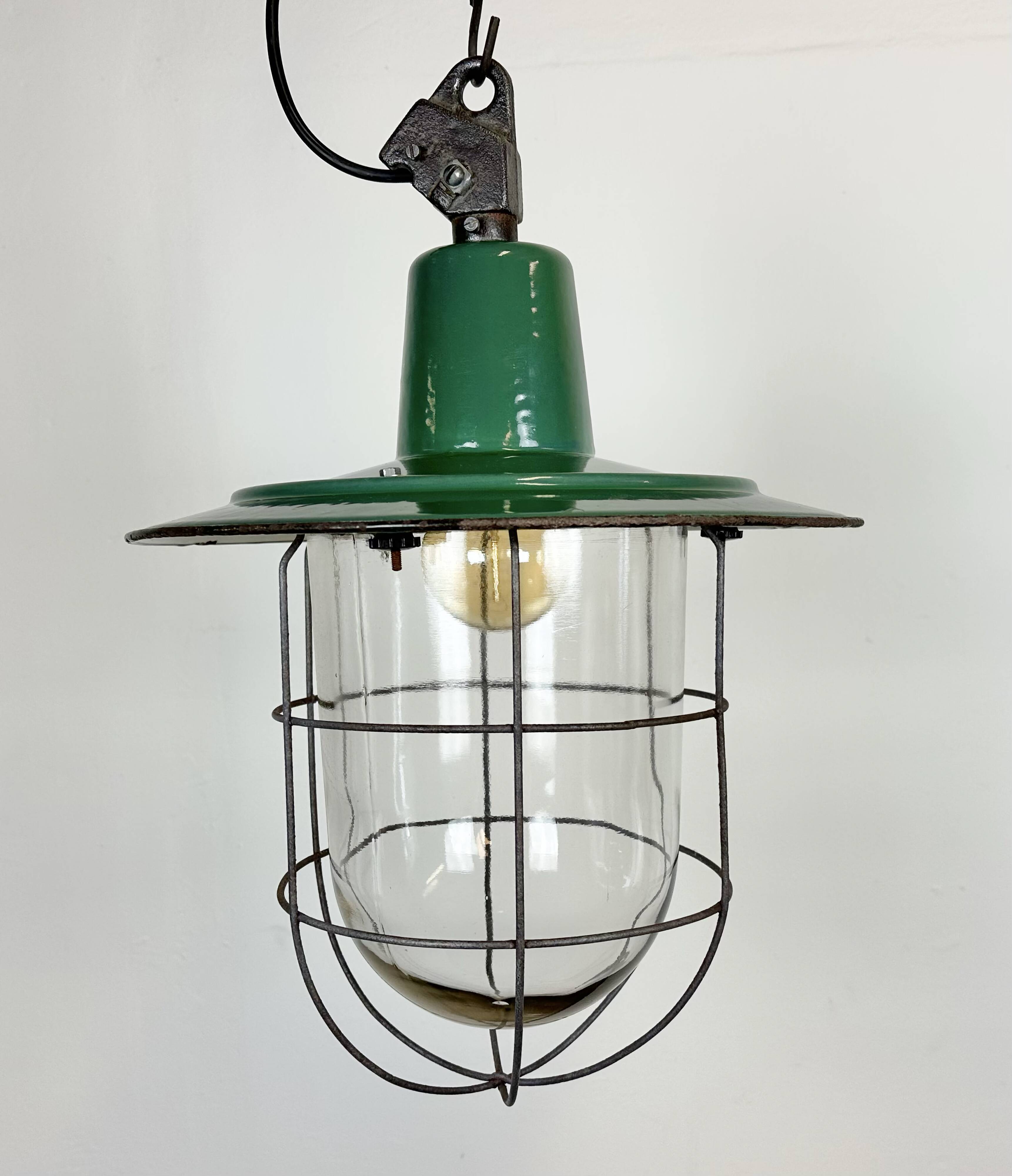 Green Enamel and Cast Iron Industrial Cage Pendant Light, 1960s
