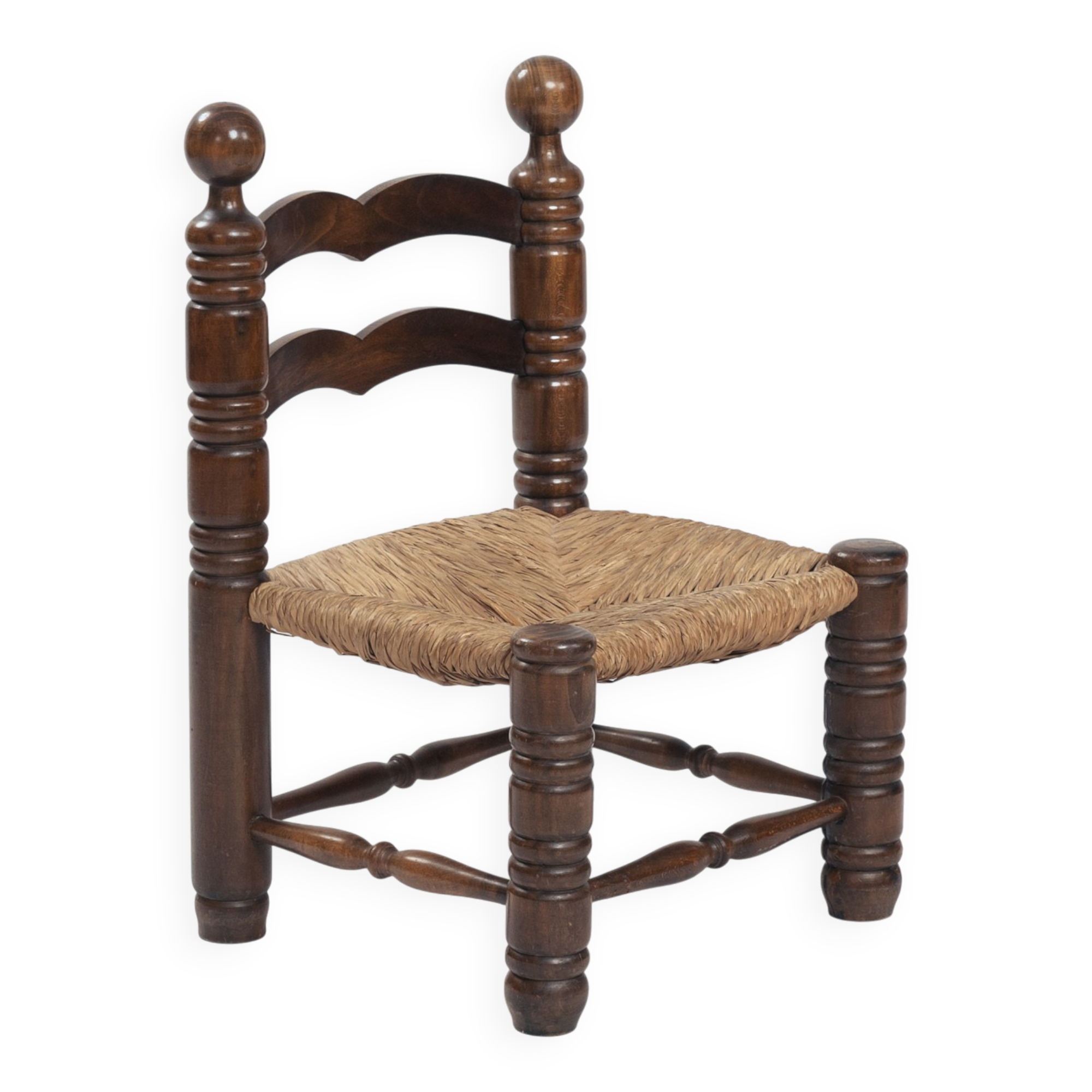 Chaise basse en bois avec assise en paille dans le style de Charles Dudouyt, années 1950