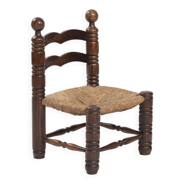 Chaise basse en bois avec assise en paille dans le style de Charles Dudouyt, années 1950