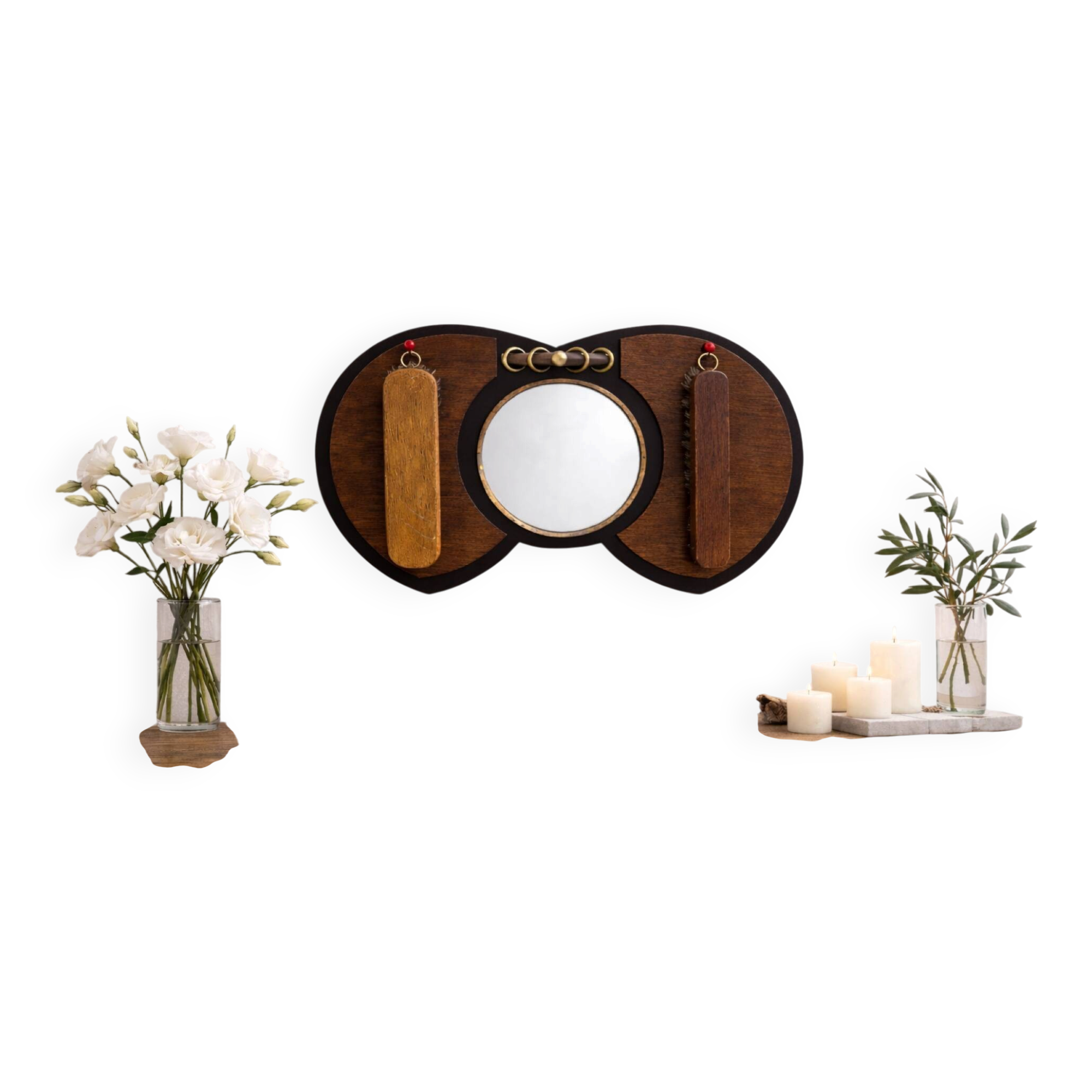 Art Deco mirror from the Amsterdam School, oak and brass set from the 1920s.