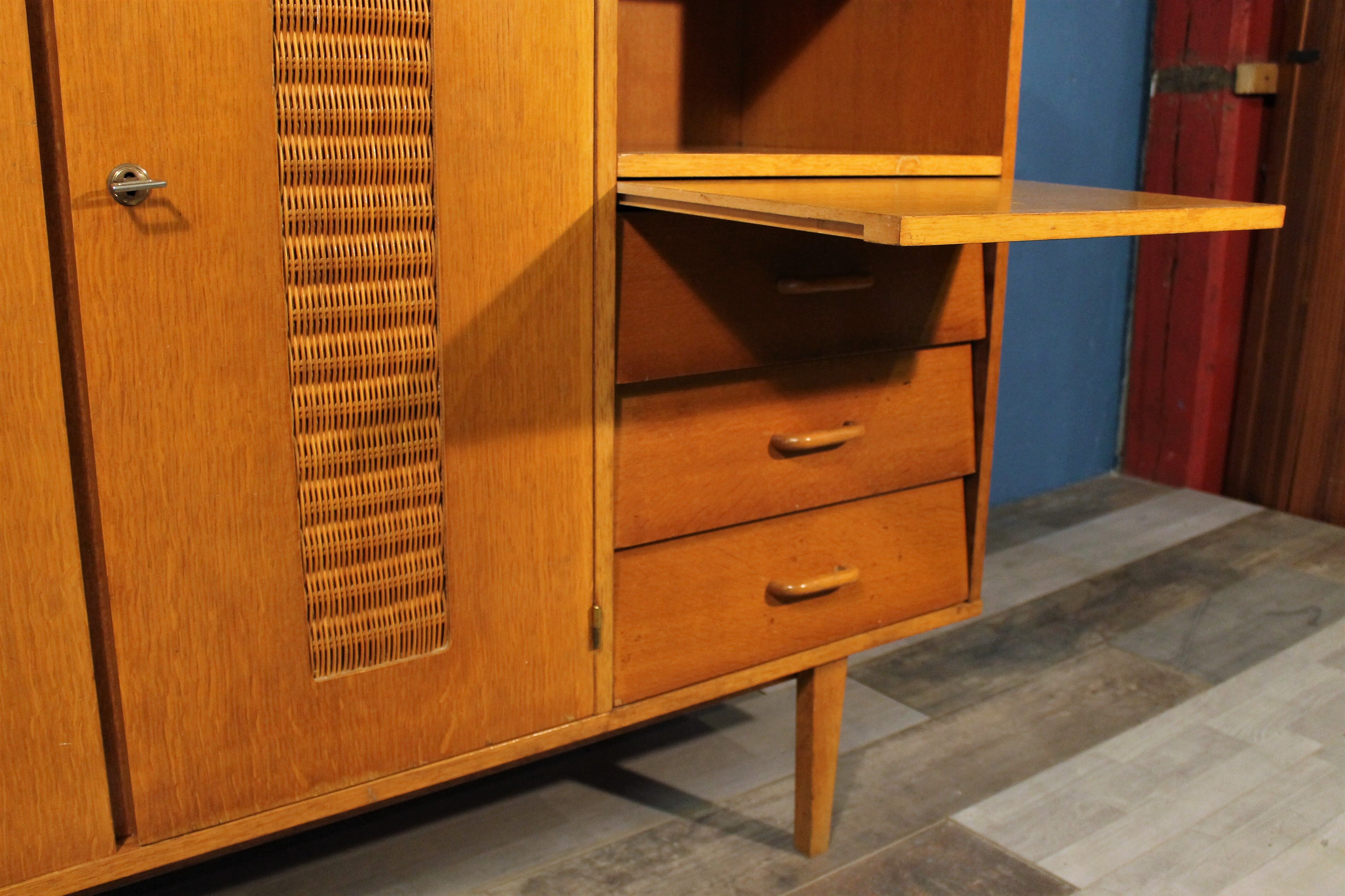 Child wardrobe wood & rattan 1960