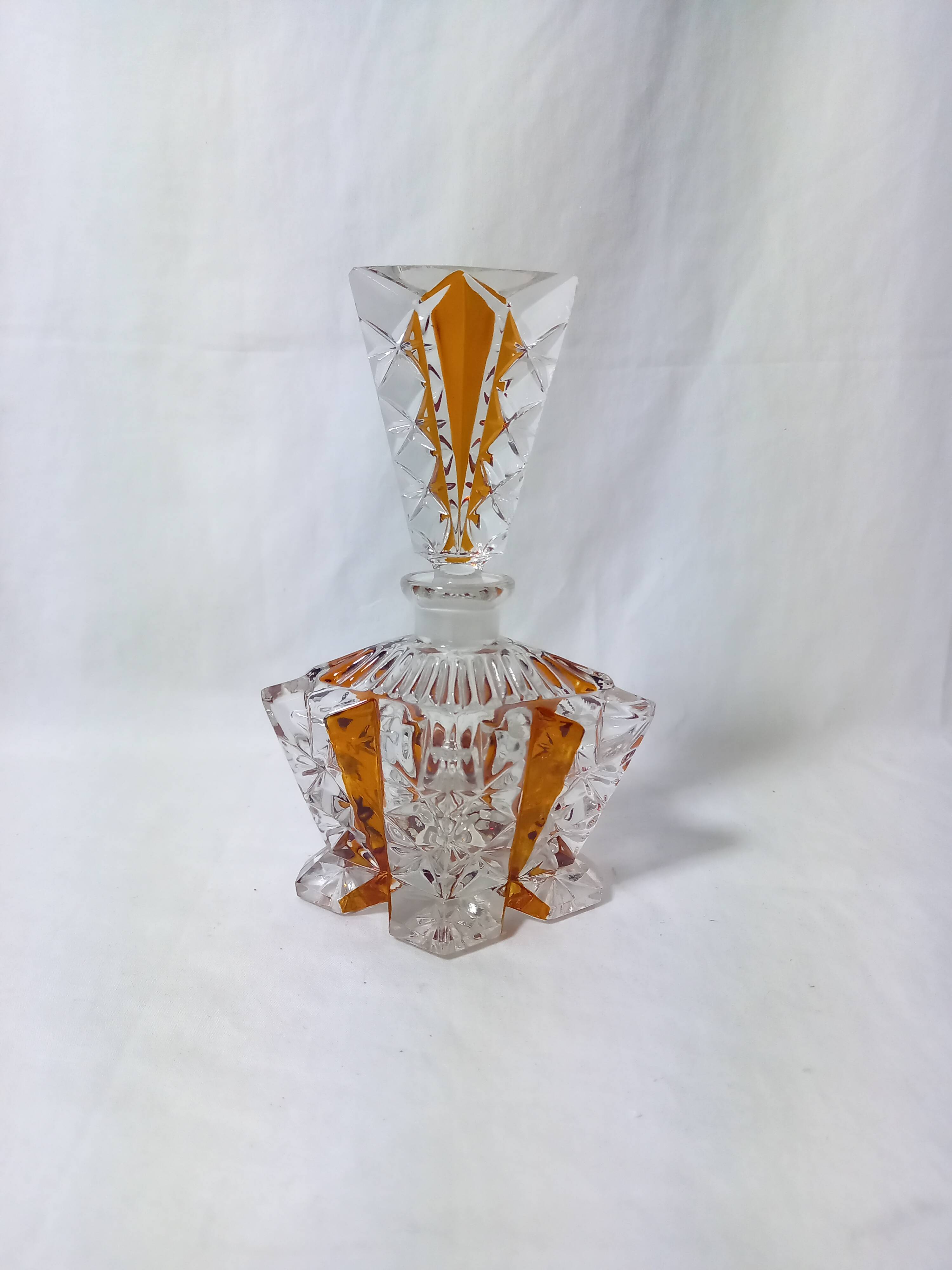 Art Deco Perfume Bottle, Pot and Tray in Transparent and Amber Glass