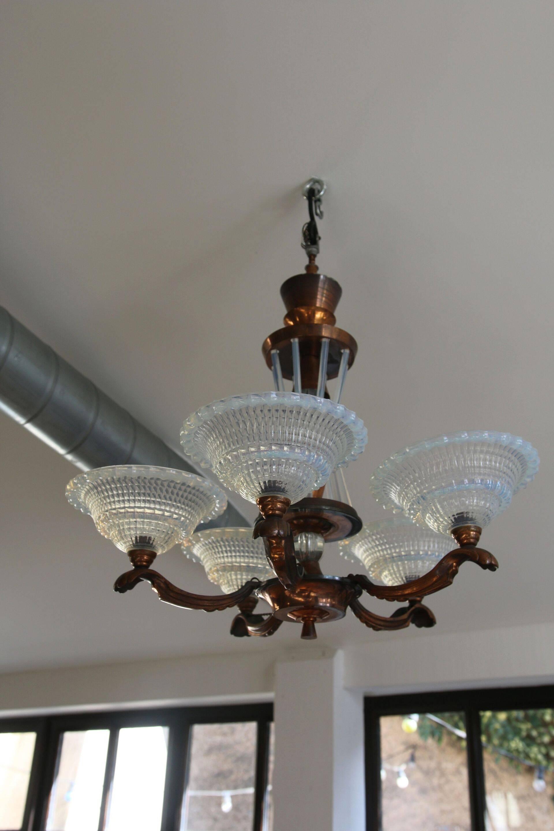 Art Deco lustre, opalescent glass, Ezan & Petitot, signed.