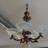 Art Deco lustre, opalescent glass, Ezan & Petitot, signed.