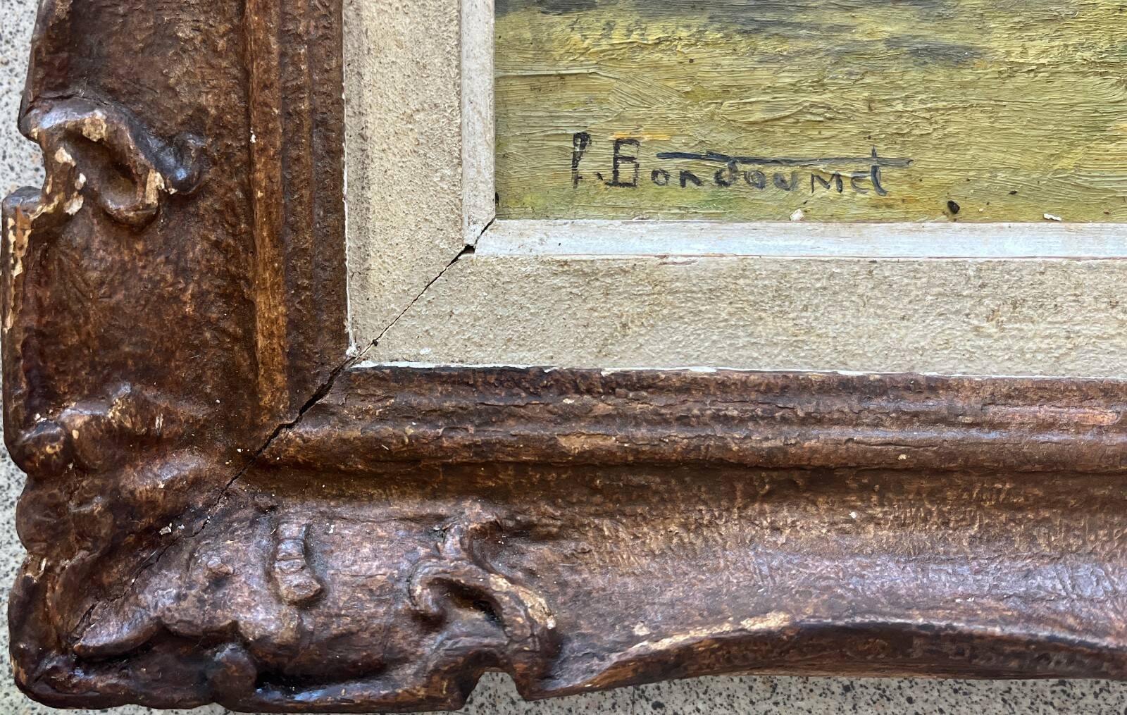 Tableau HSP "Village view with bell tower" signed + frame