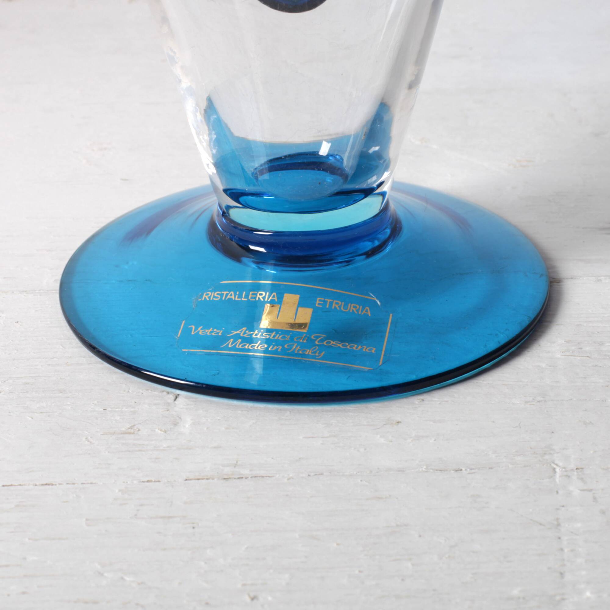 Carafe en cristal italien du milieu du siècle et ensemble de verres à tige bleue, Toscana 1970
