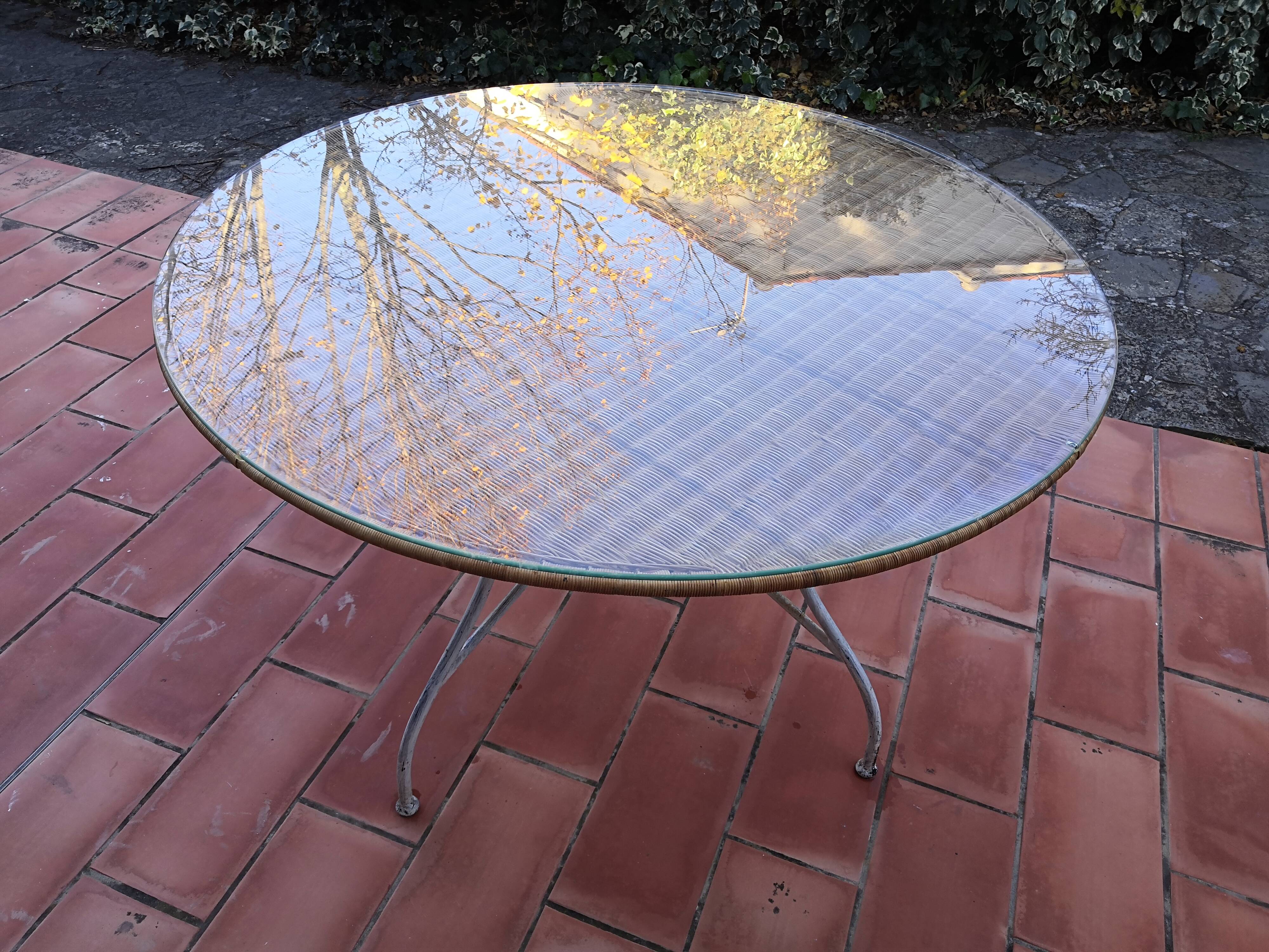 Dining table rattan and glass top & vintage metal legs
