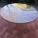 Dining table rattan and glass top & vintage metal legs