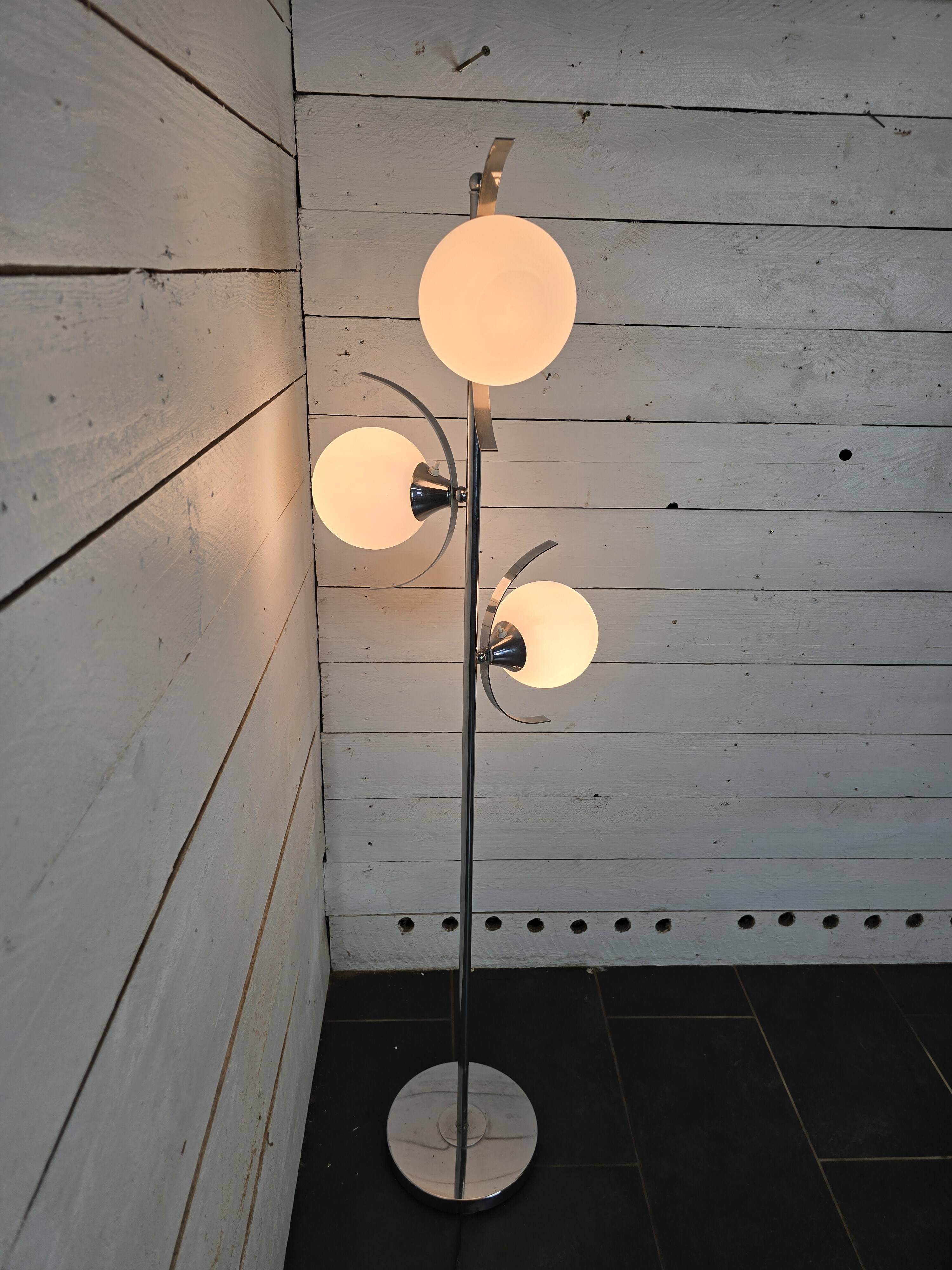 70s chrome metal floor lamp with 3 opaline ball lights