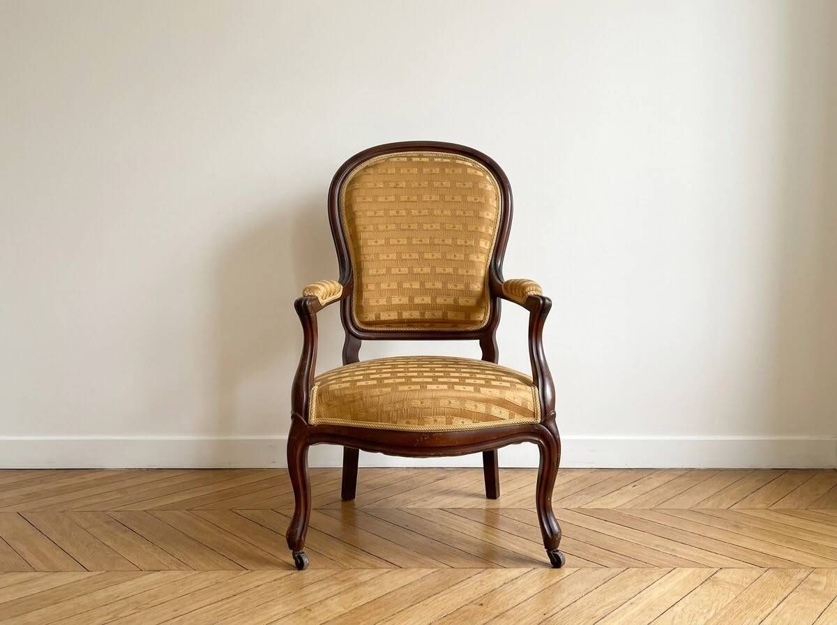 Fauteuil cabriolet classique en bois et tissu texturé doré