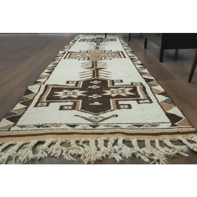 1970s Vintage Turkish Hand-Knotted Wool Cotton White Runner Rug 90x395