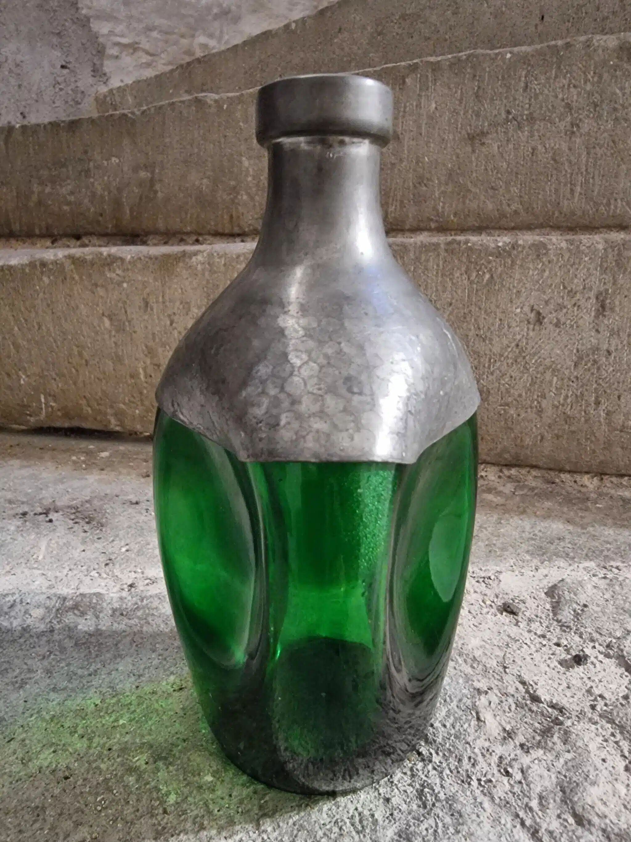 Vintage French green glass and pewter carafe - 1930s handcrafted bottle with stopper