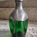 Vintage French green glass and pewter carafe - 1930s handcrafted bottle with stopper