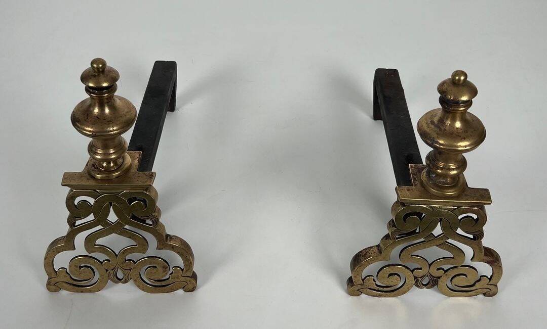 Pair of Chiselled Bronze and Wrought Iron Chenets in Louis XV Style