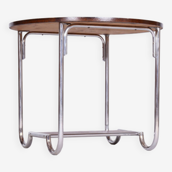 Petite table ronde en chêne Bauhaus restaurée, acier chromé, Tchéquie, années 1930