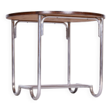 Petite table ronde en chêne Bauhaus restaurée, acier chromé, Tchéquie, années 1930