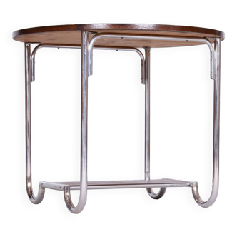 Restored Bauhaus Oak Small Round Table, Chrome-Plated Steel, Czechia, 1930s