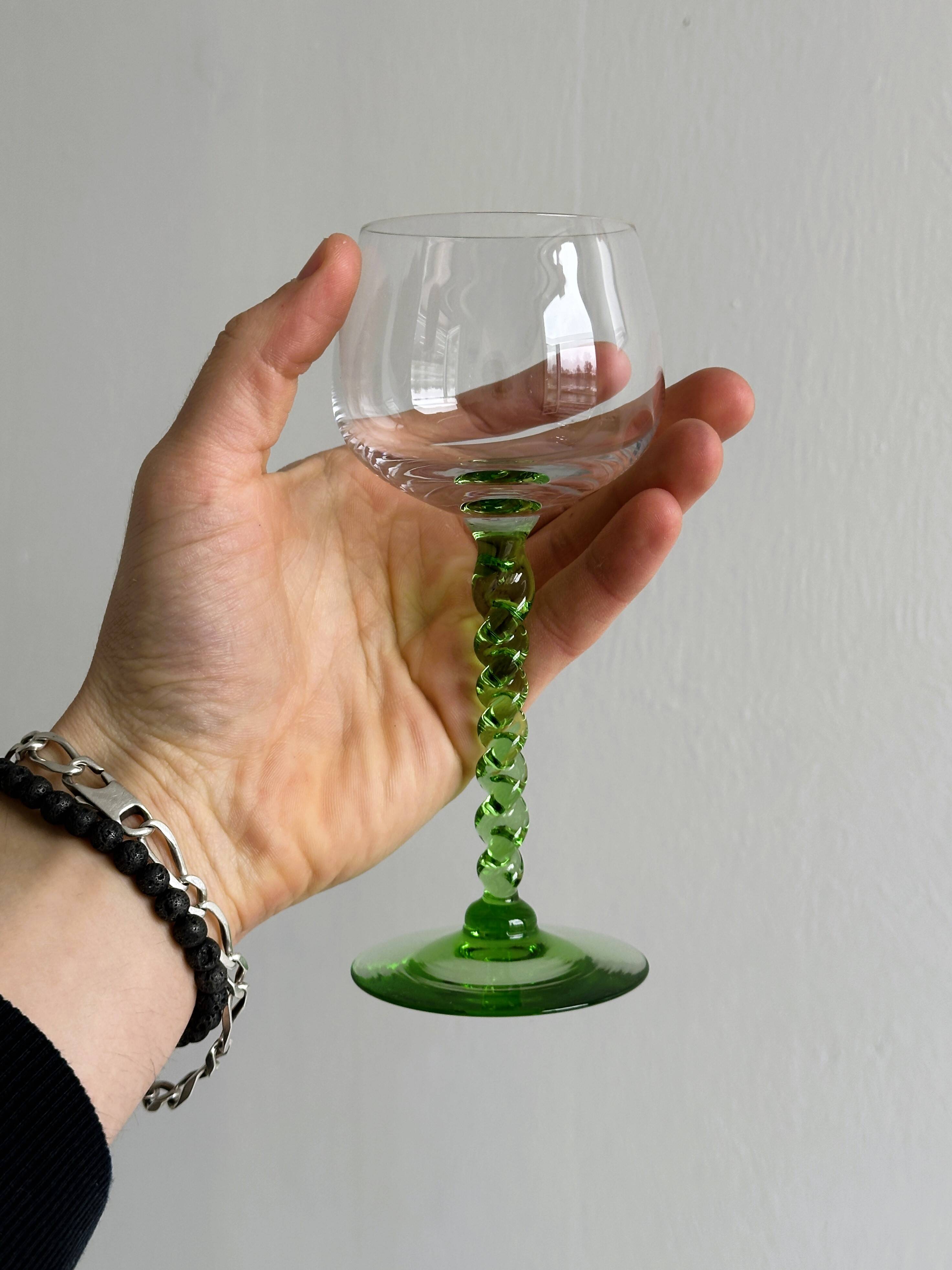 6 transparent green twisted stemmed glasses