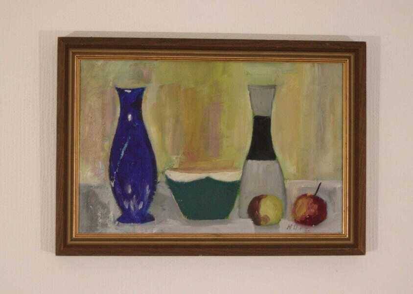 Original Mid Century  Oil on Canvas – “Bowl, Vase and Fruit” by K. W. N.