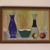 Original Mid Century  Oil on Canvas – “Bowl, Vase and Fruit” by K. W. N.
