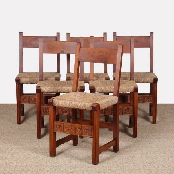 Ensemble de 6 chaises paillées en bois, travail français, 1950