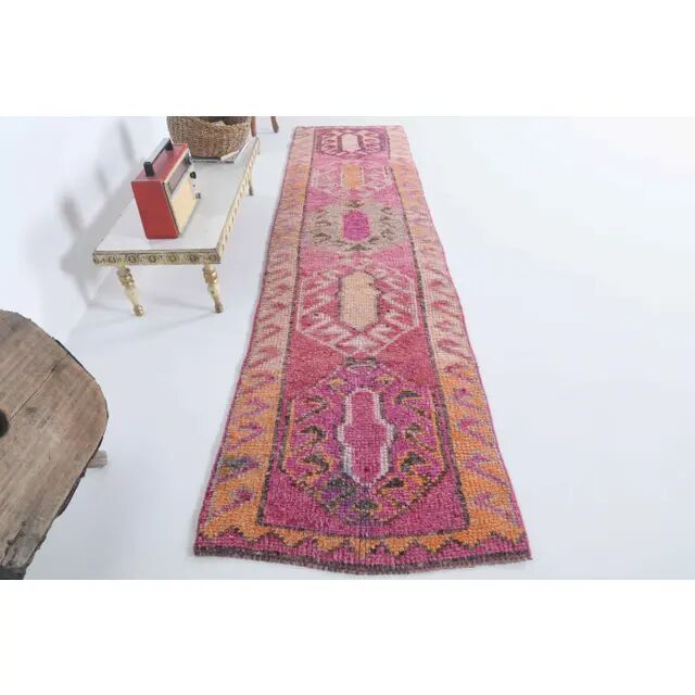1970s Turkish Hand-Knotted Wool Cotton Pink Runner 87x294
