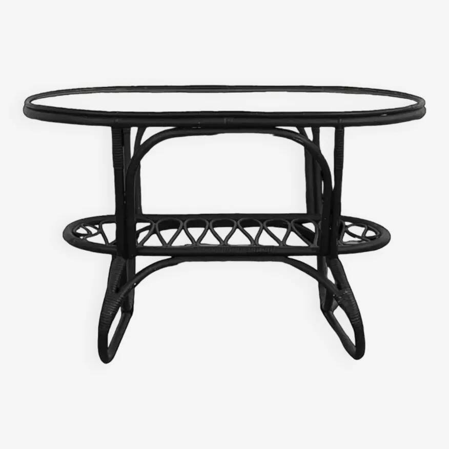 Black rattan and glass coffee table