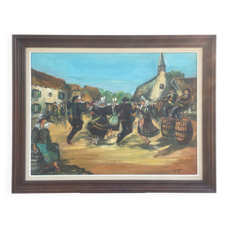 Huile sur toile, Scène Bretonne, village breton, signé Le Hellocq,  Pont Aven