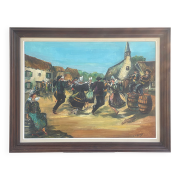 Oil on canvas, Breton scene, Breton village, signed Le Hellocq, Pont Aven